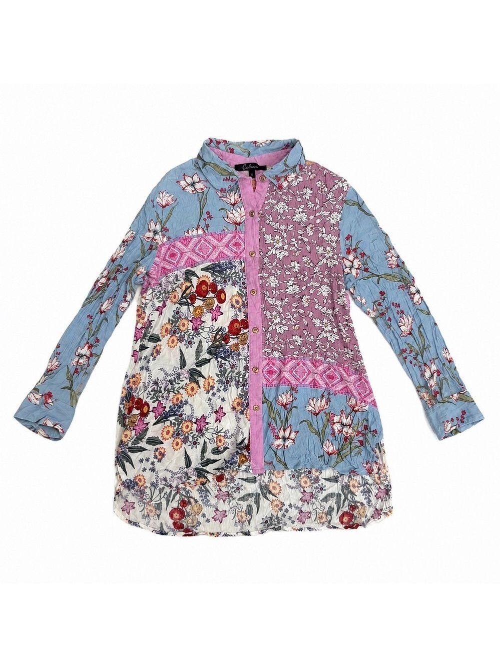 Calessa Colorful Patchwork Floral Button-Up Tunic blouse – Size L
